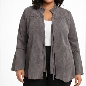 Chi by Falchi Gray Suede Leather Studded Jacket Tie-Front Western Boho 1X